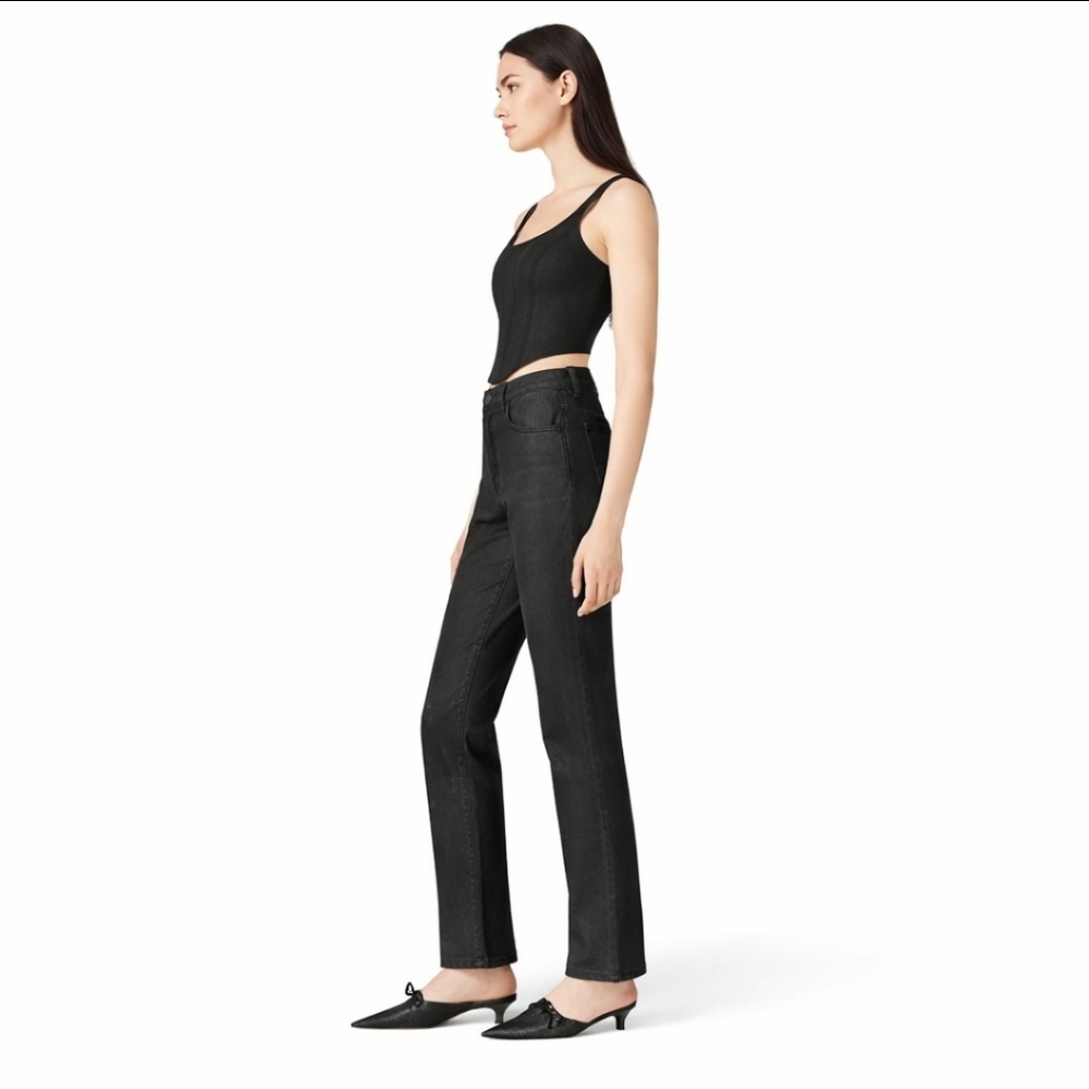 DL1961 Emilie Straight Black Coated Ultimate Knit Ultra High Rise 31" Jeans - Picture 2 of 15